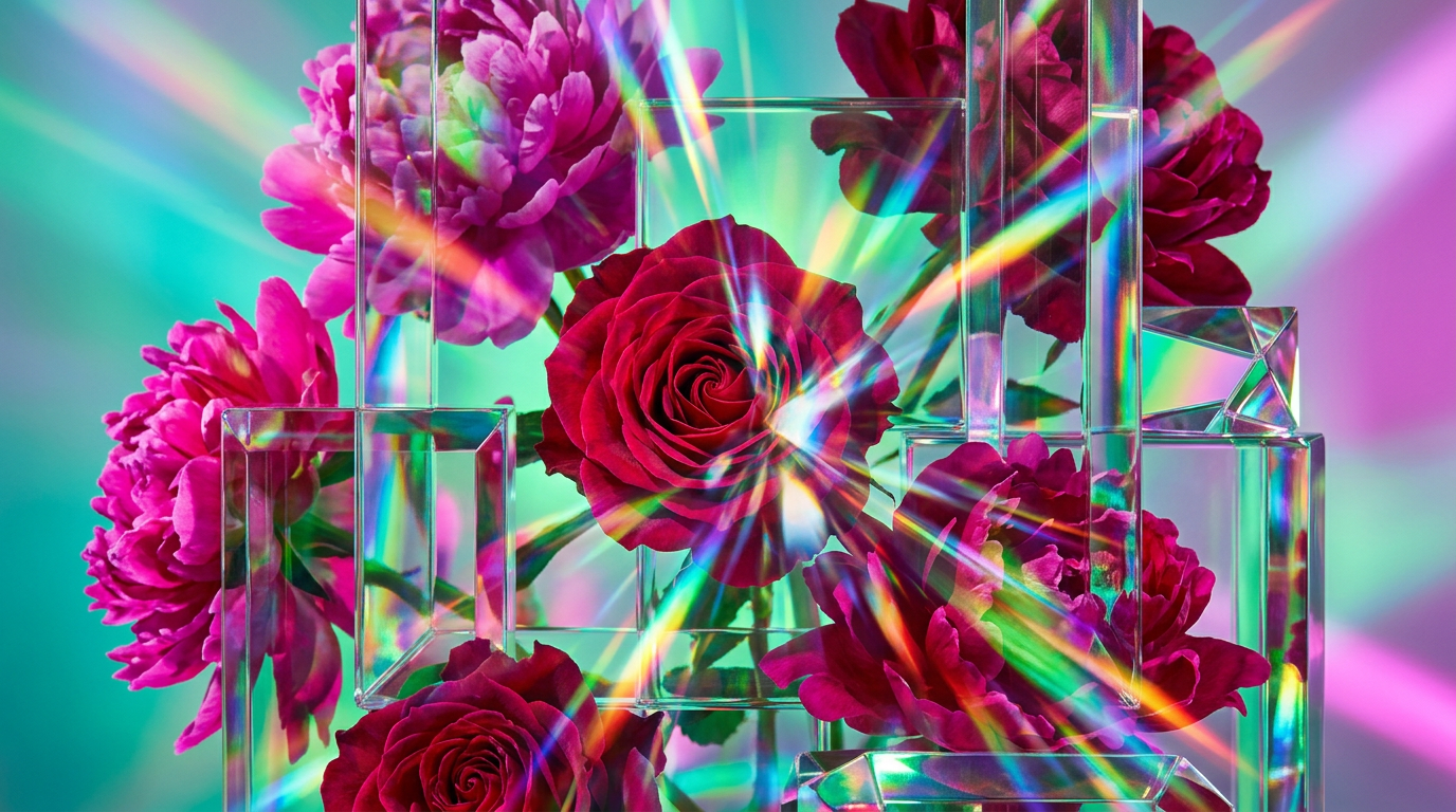An artistic glass bottle of perfume surrounded by wild, untamed flowers and dark botanical elements
