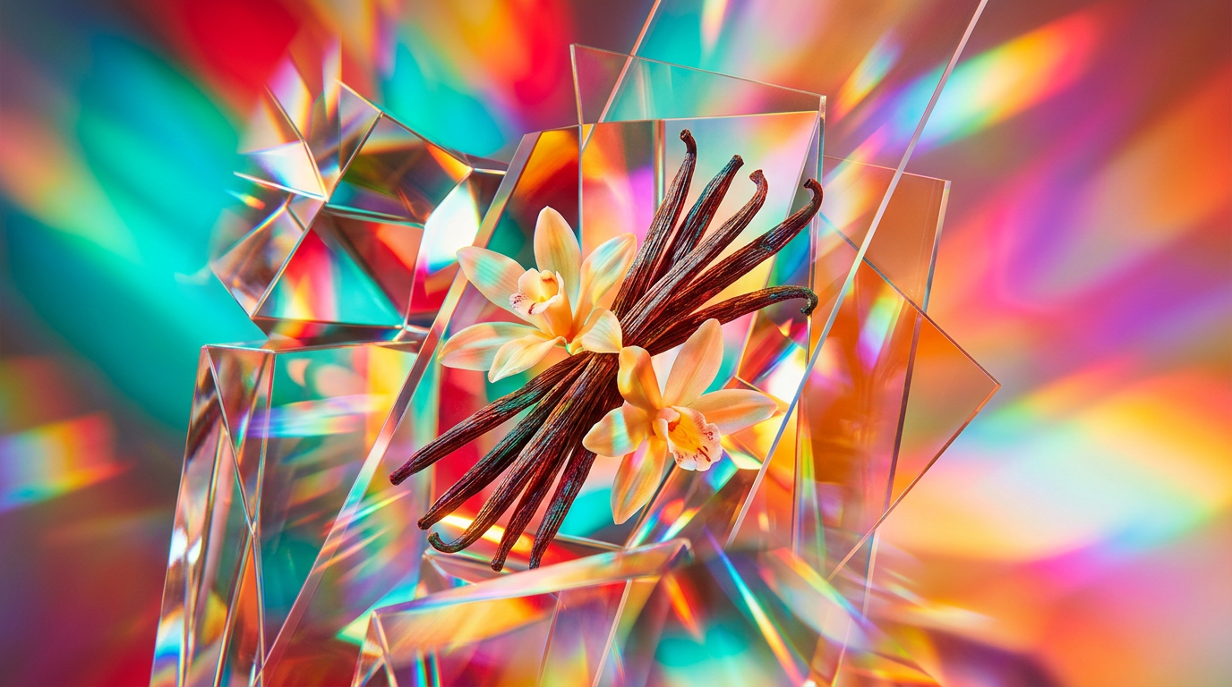 An artistic representation of vanilla beans and exotic flowers in a sun-drenched garden