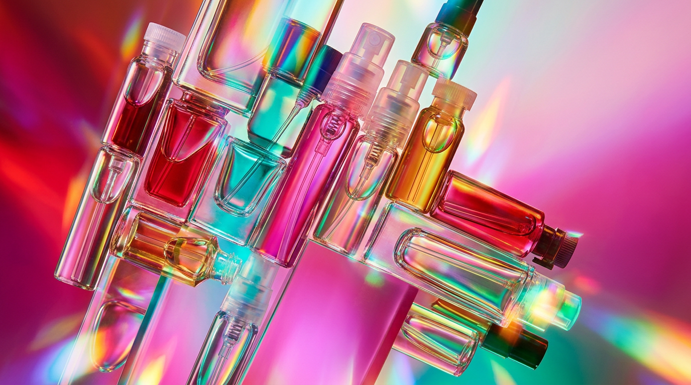 An array of fragrance samples and a full-size bottle on a vanity