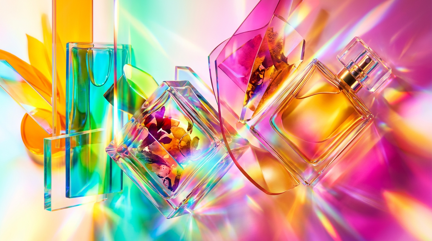 An elegant collection of perfume bottles on a vanity, representing the transition from day to night