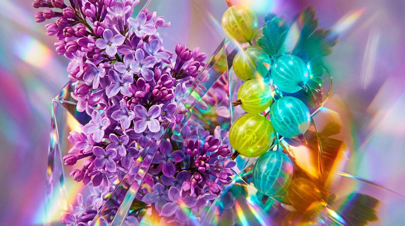 An artistic display of Lilacs and Gooseberries with apothecary style bottles in a British garden setting.