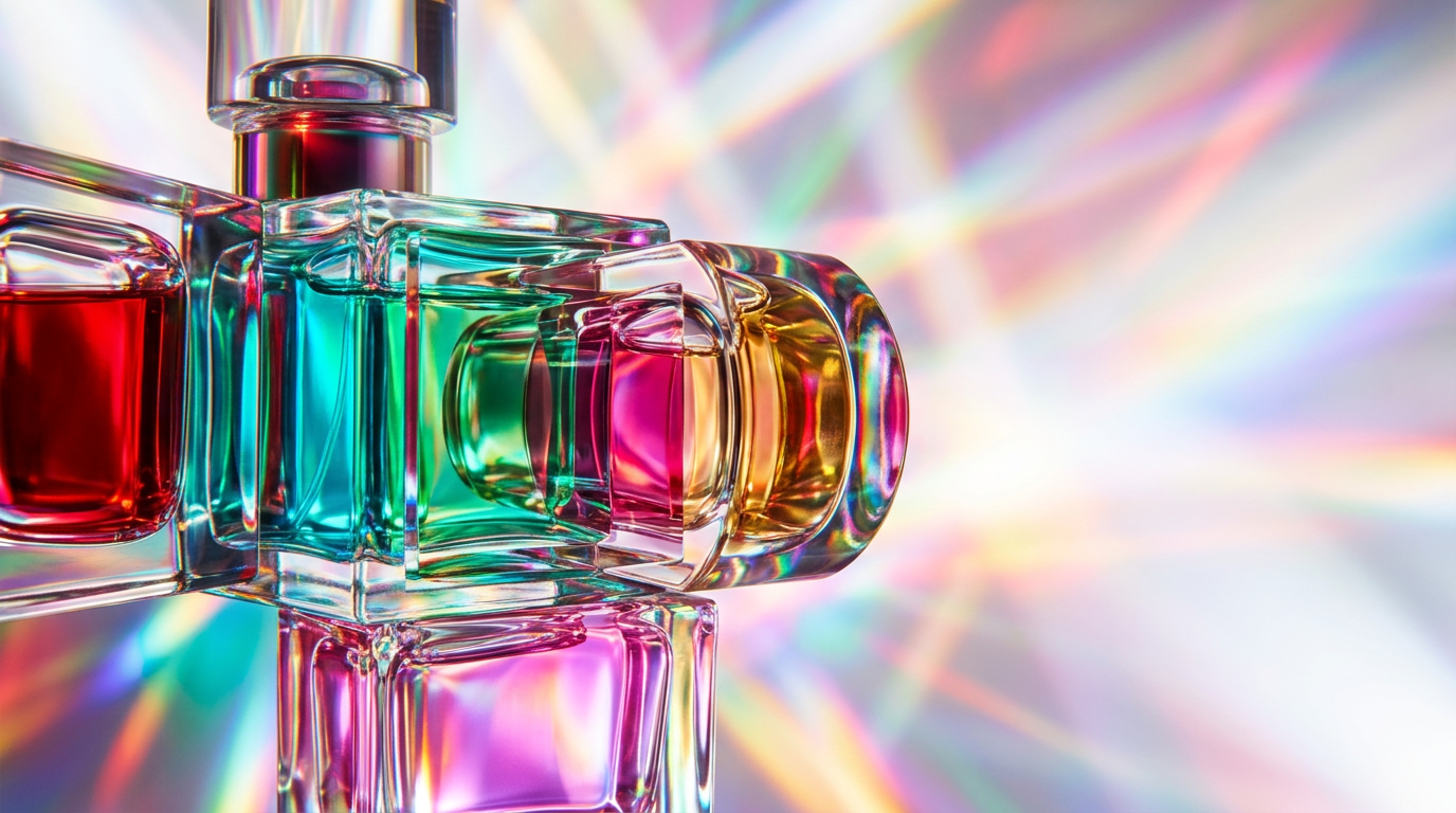 An artistic display of fragrance bottles and botanical elements representing layering