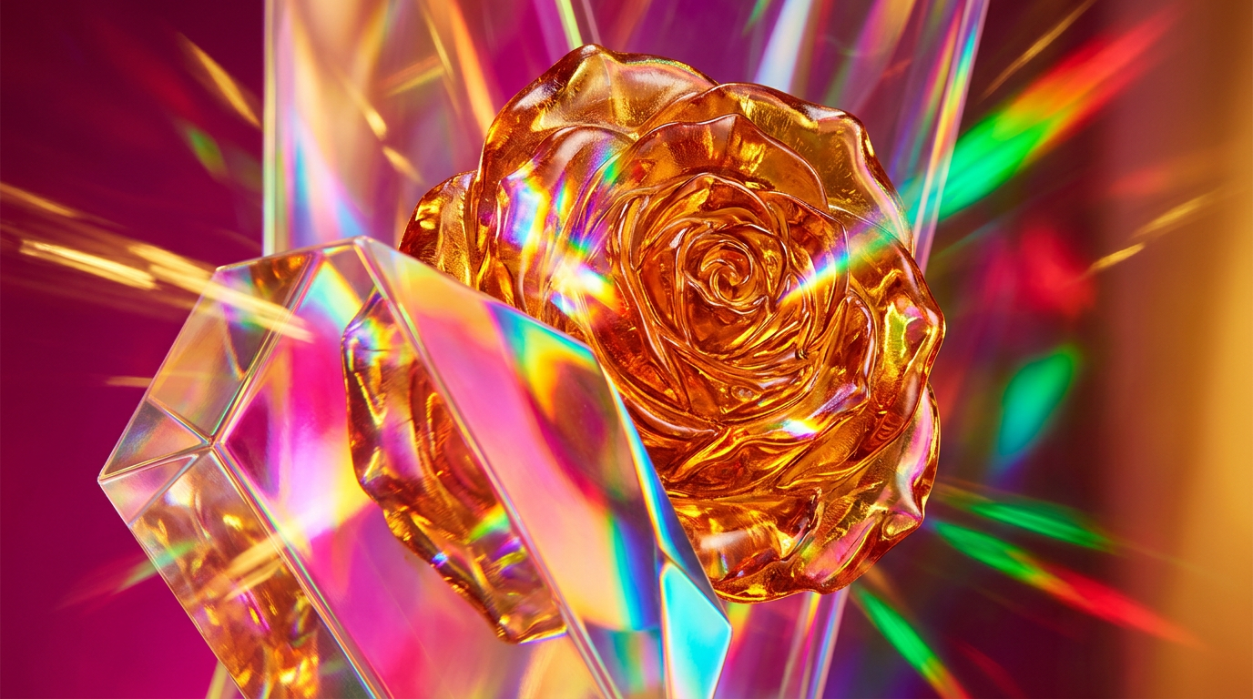 A beautiful arrangement of deep red roses and golden amber resin