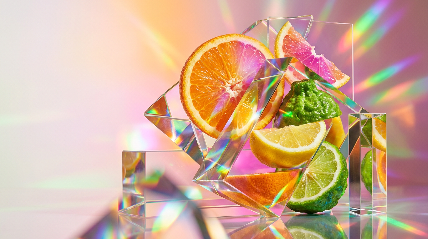 A vibrant display of citrus fruits and artisanal fragrance bottles in a sunlit garden