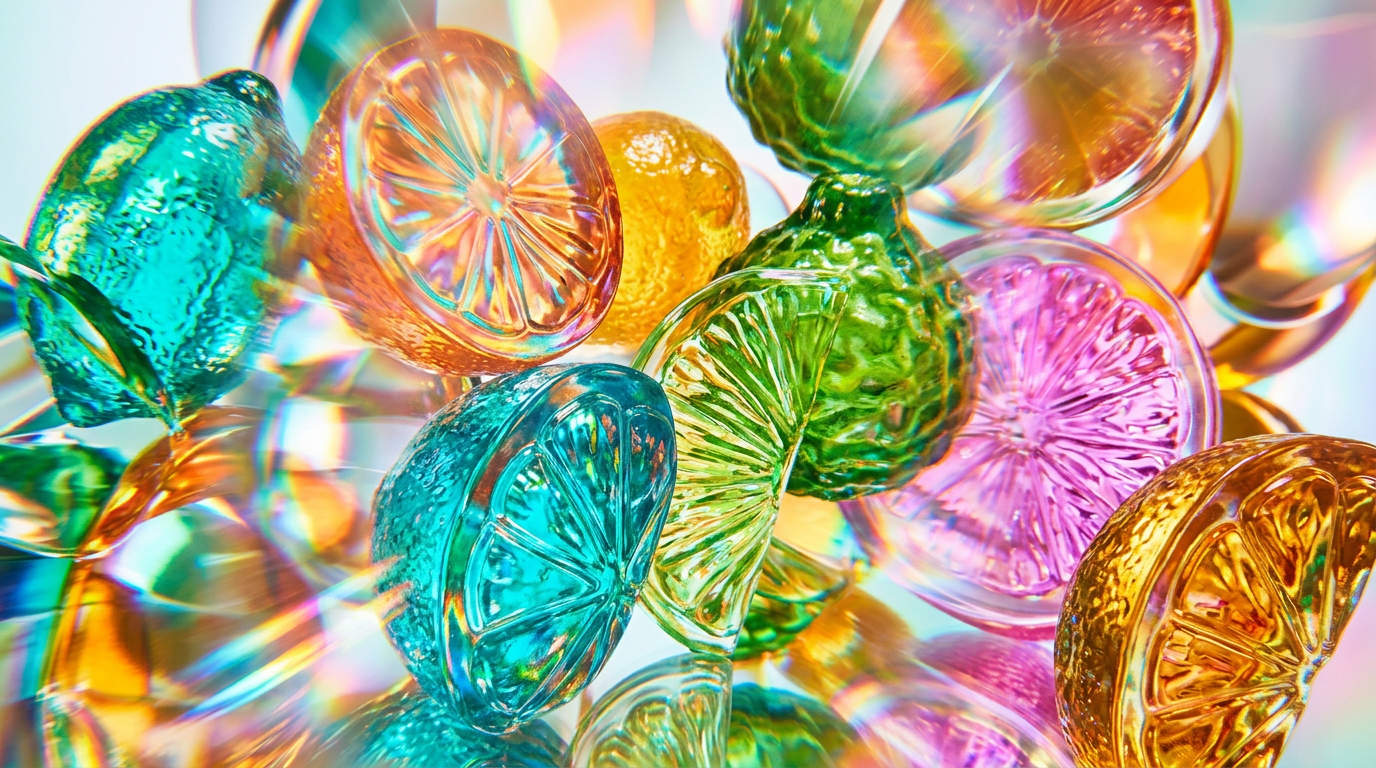 A collection of fresh citrus fruits and elegant perfume bottles