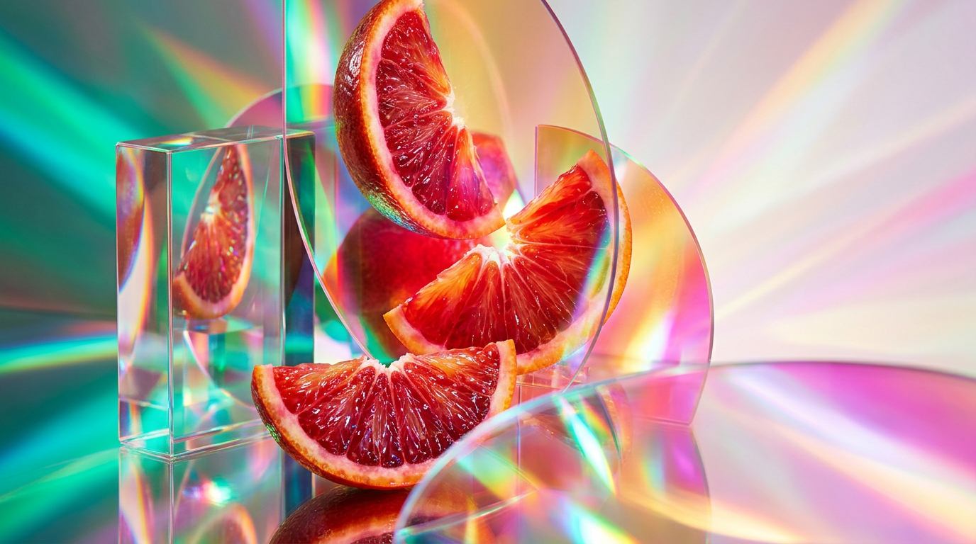 A bright, citrus-inspired brunch setting with fresh blood oranges and perfume bottles