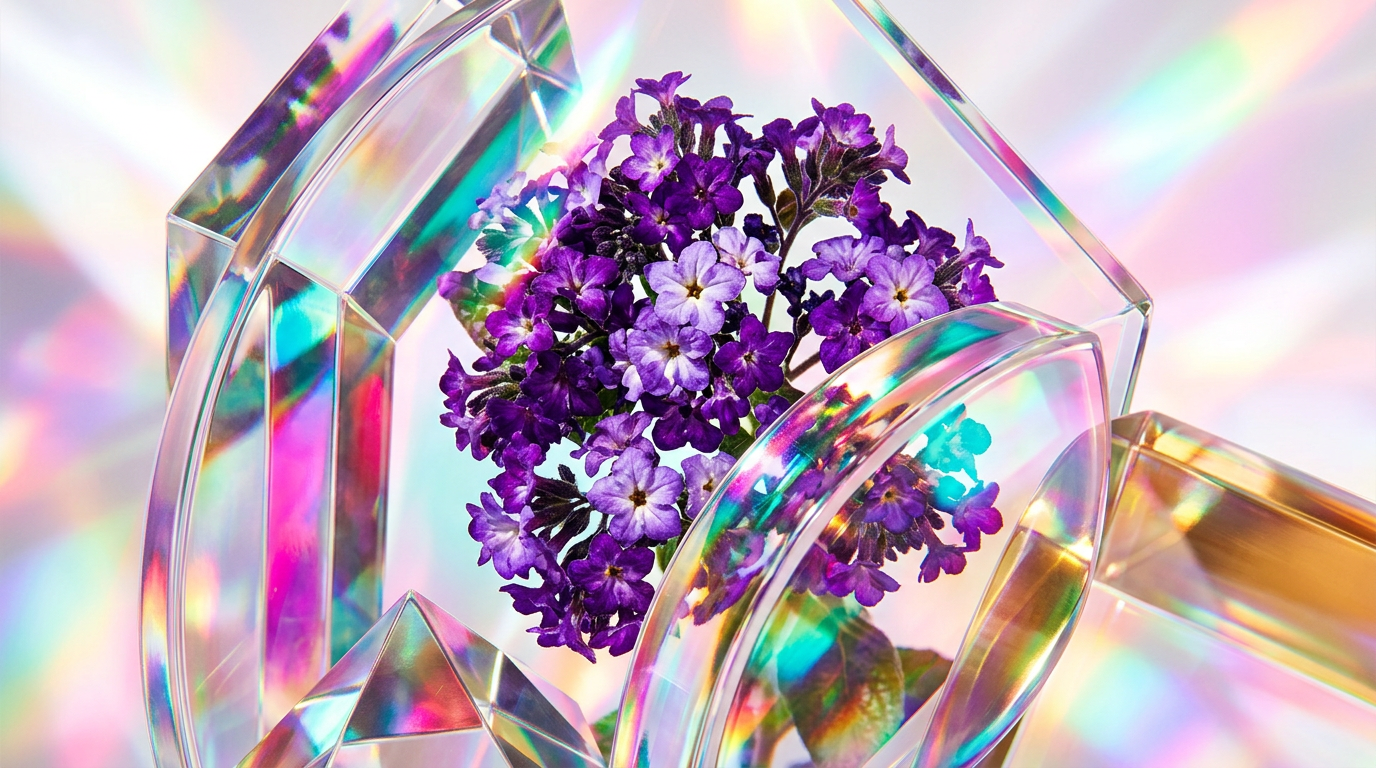 A dreamy display of purple heliotrope flowers and luxury perfume bottles