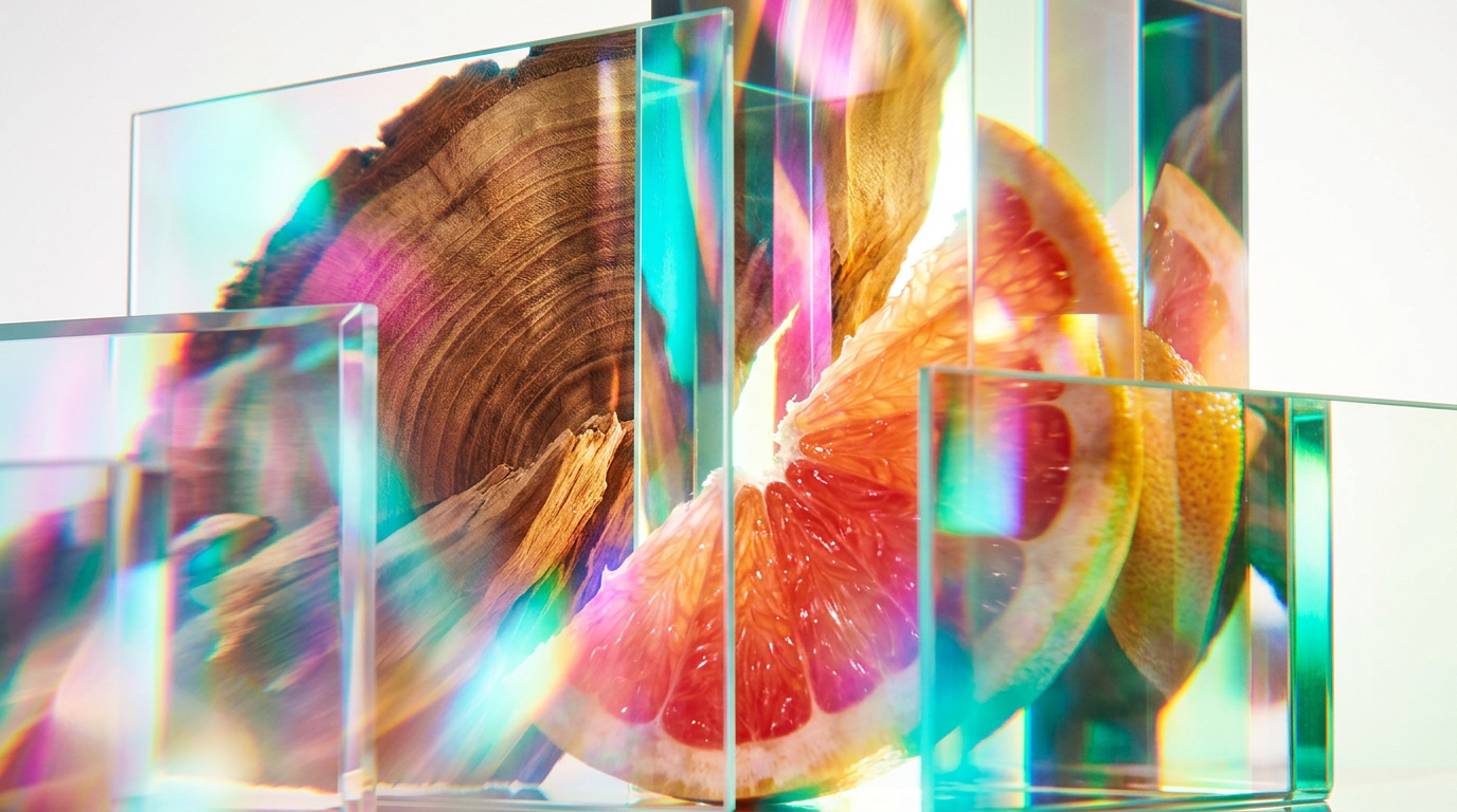 A professional desk setup with a bottle of Cedarwood Grapefruit fragrance