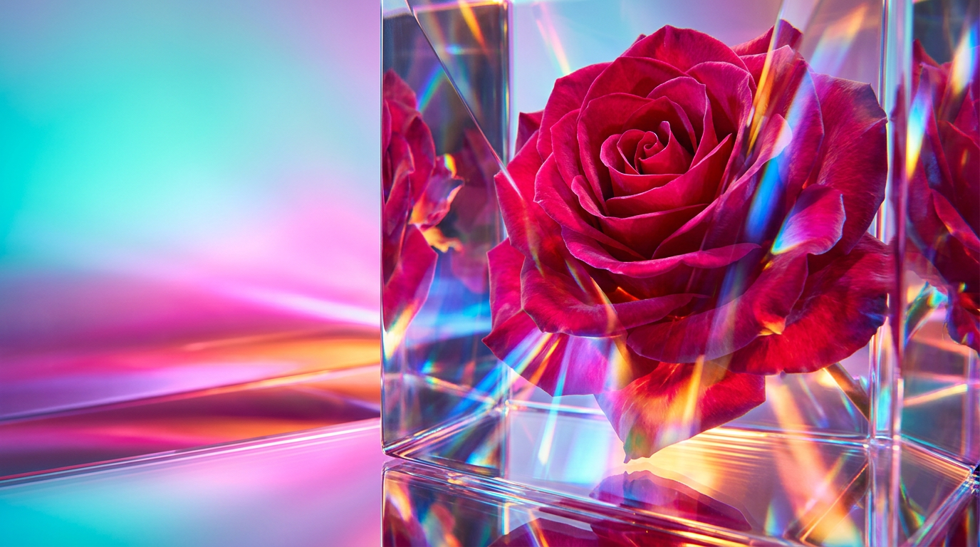 An elegant display of rose-infused perfumes and fresh botanicals