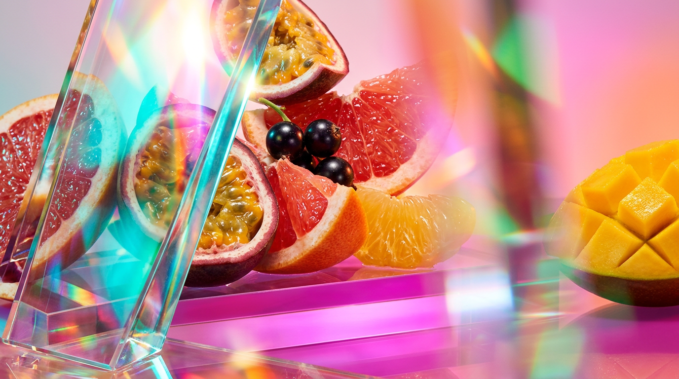 A vibrant display of fresh fruits and perfume bottles representing fruity accords