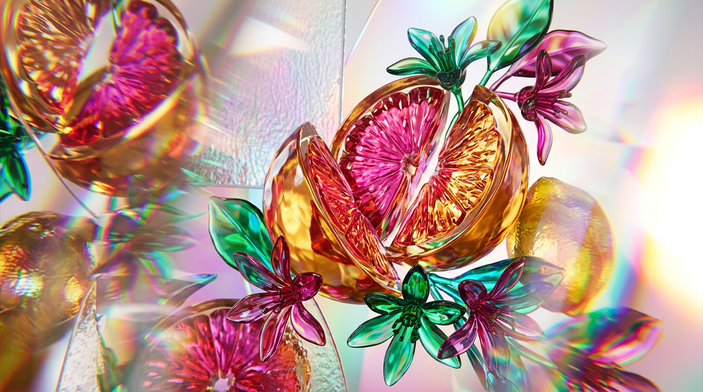An array of fresh citrus fruits and delicate spring flowers representing fragrance layering