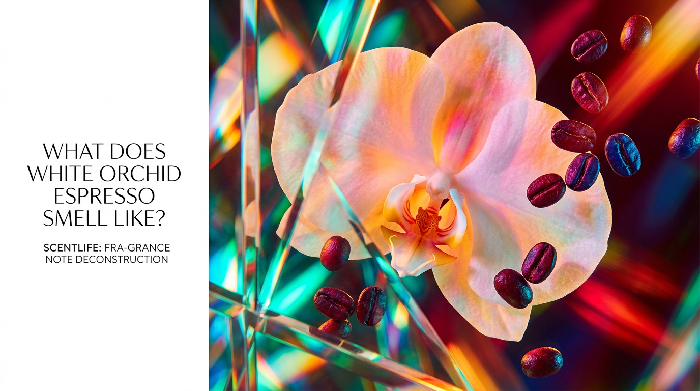 An artistic representation of White Orchid Espresso featuring coffee beans and white flowers