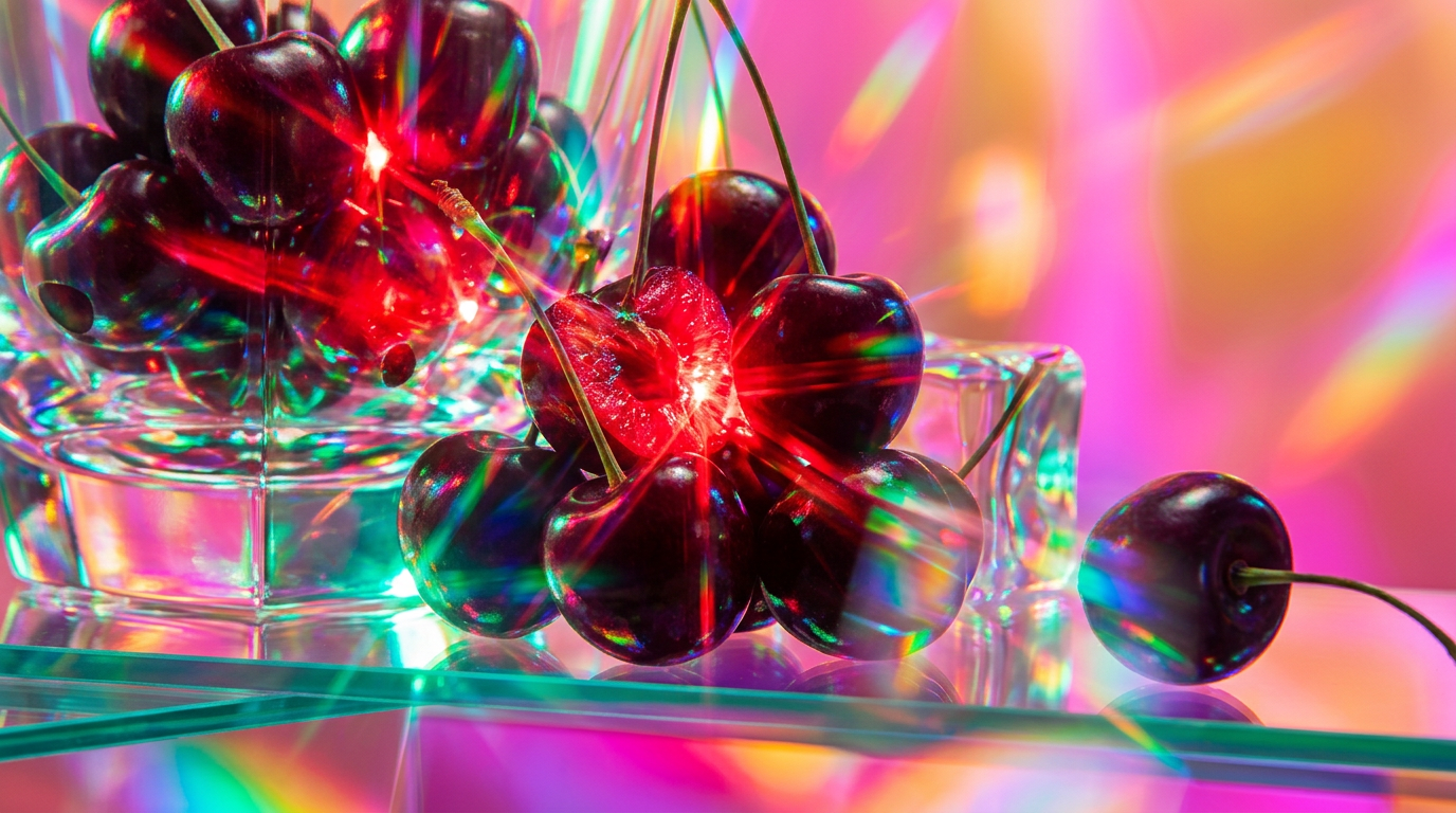 A moody, artistic shot of dark black cherries and elegant perfume bottles