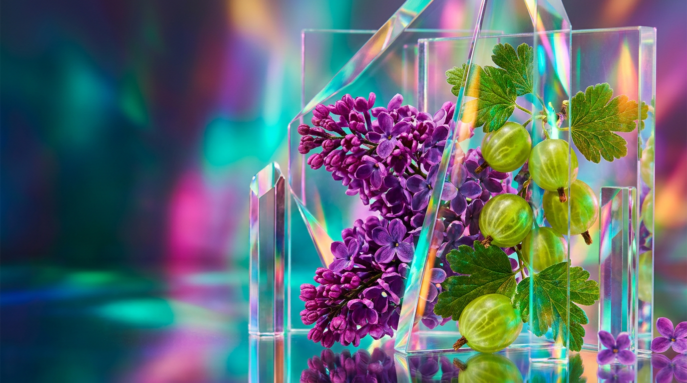 A beautiful arrangement of spring lilacs and fresh gooseberries representing a daytime scent profile