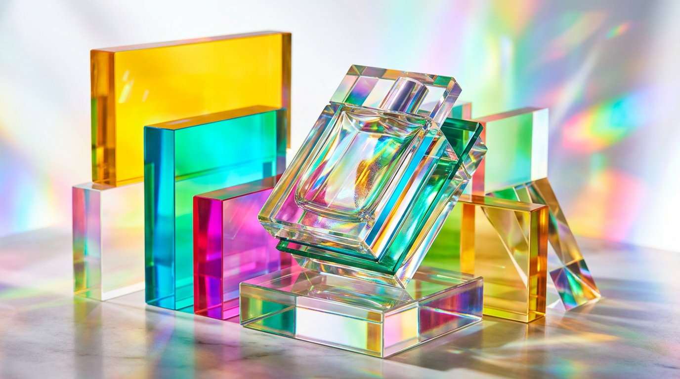 An aesthetic display of artisanal perfume bottles and botanical elements reflecting self-care
