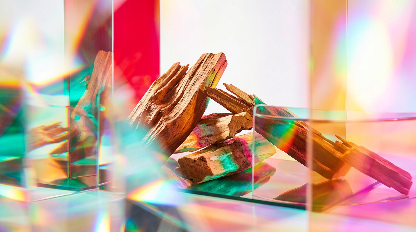An artistic representation of sandalwood logs and aromatic wood resins in a soft-focus setting.