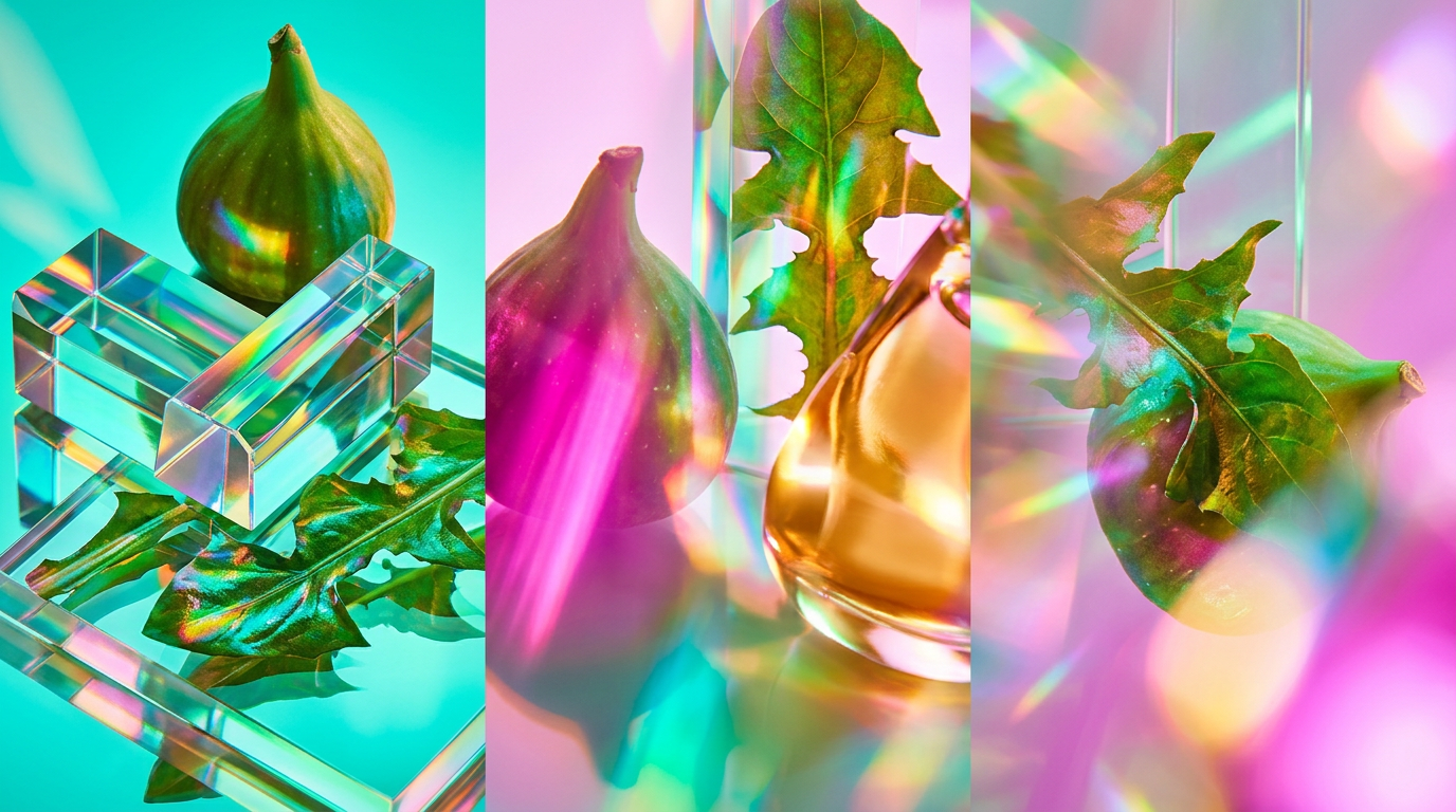 A fresh botanical setting representing the notes of fig and dandelion leaf