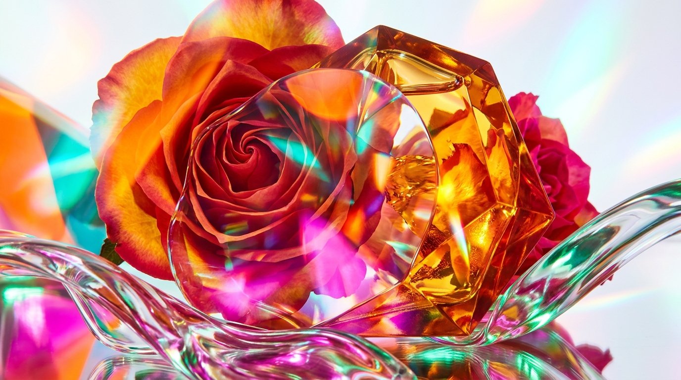 A romantic dinner setting with a bottle of luxury perfume and rose petals