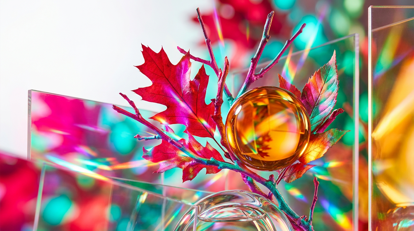 Autumn leaves and a warm cup of tea beside a perfume bottle