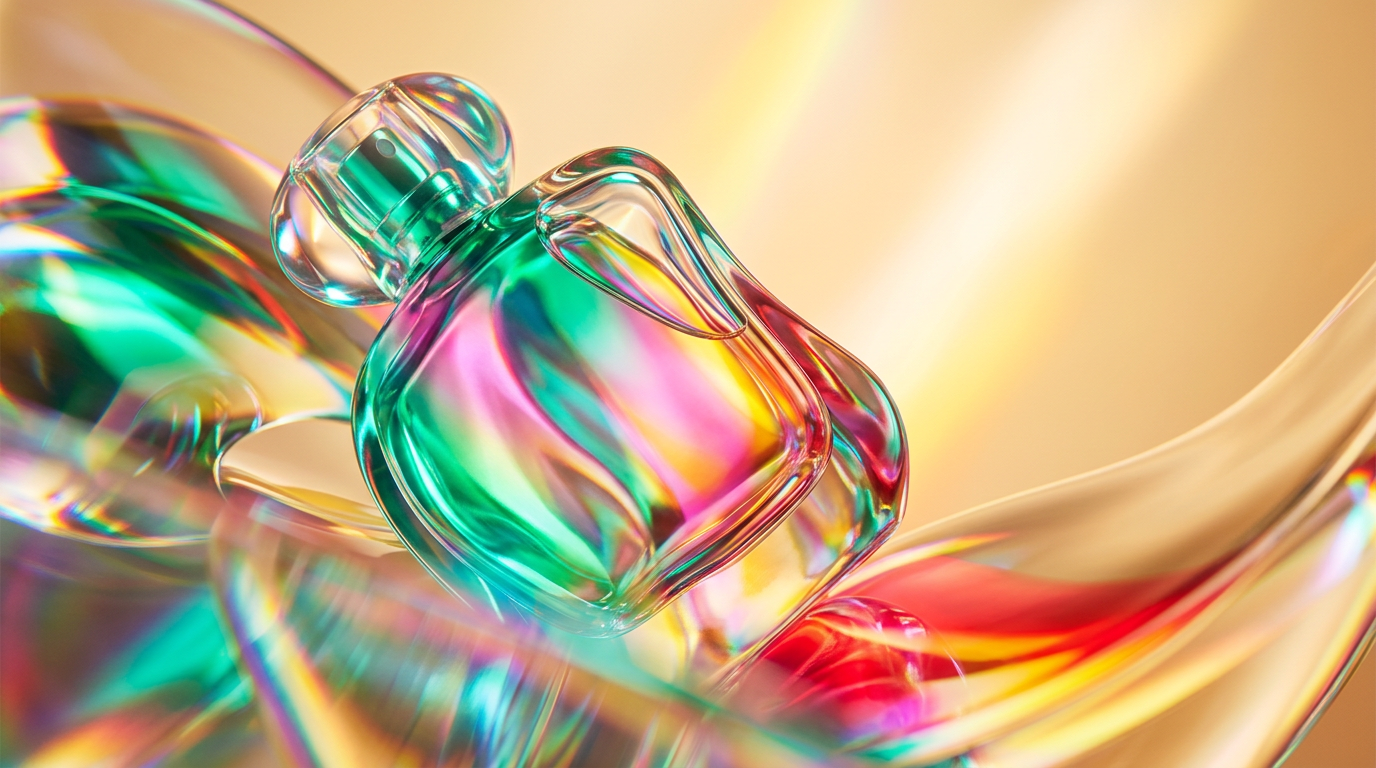 A tranquil setting with a perfume bottle surrounded by natural elements for a self-care moment
