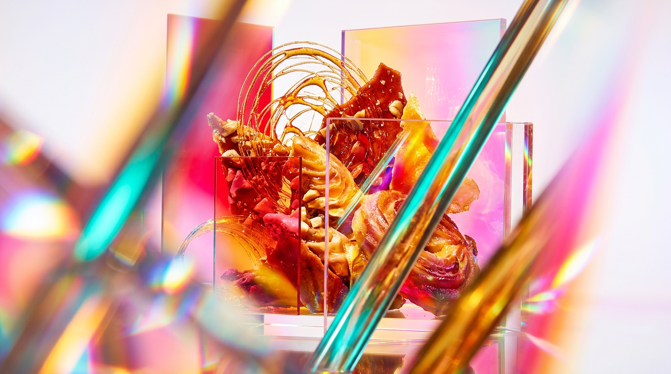 An array of gourmand ingredients like vanilla beans, tonka, and dark chocolate crystals
