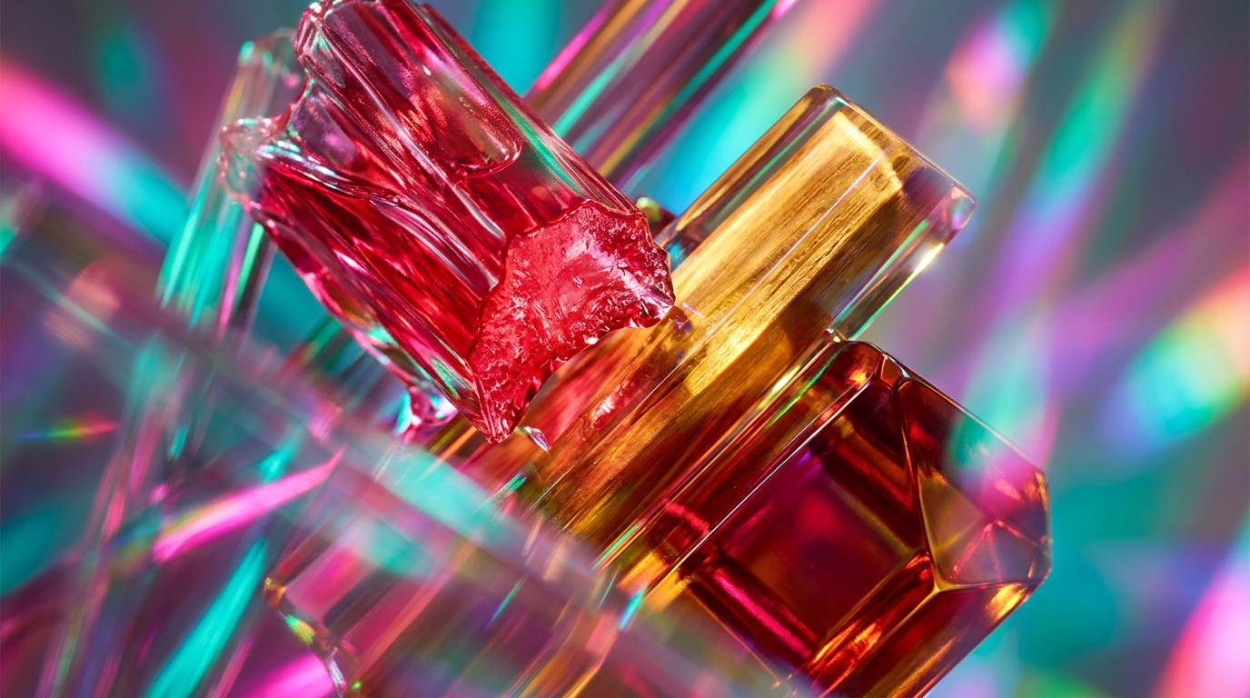 Artisanal fragrance bottles with fresh rhubarb stalks and sandalwood blocks
