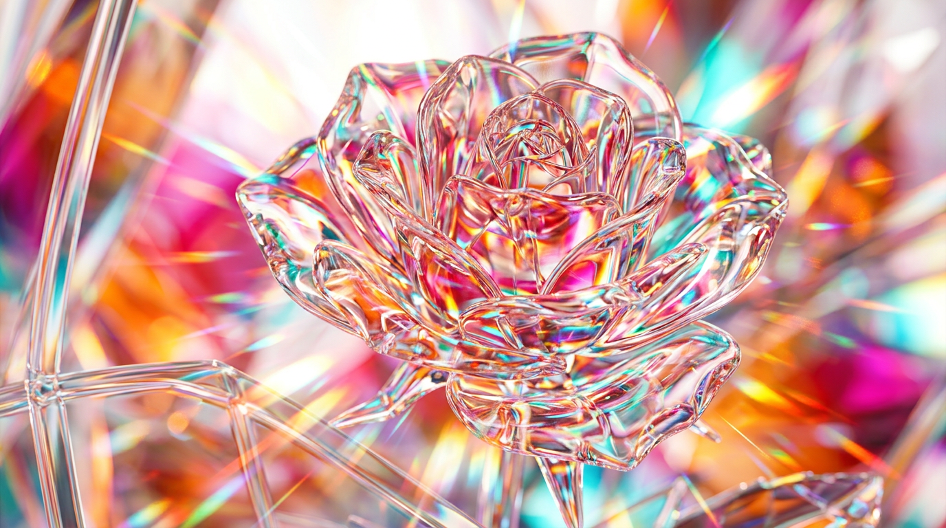 A crystalline perfume bottle reflecting morning sunlight in a lush garden