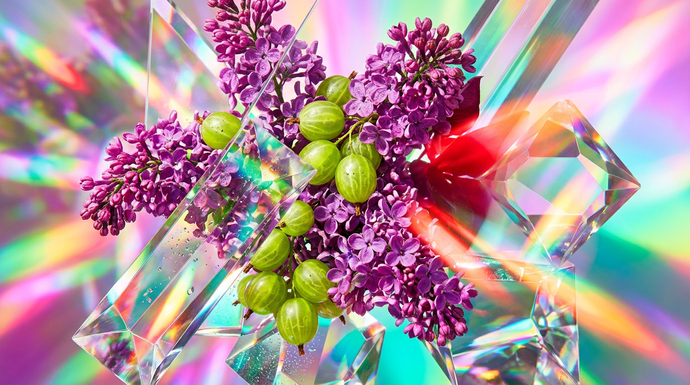 Fresh spring flowers and fruits representing Lilacs and Gooseberries aesthetic