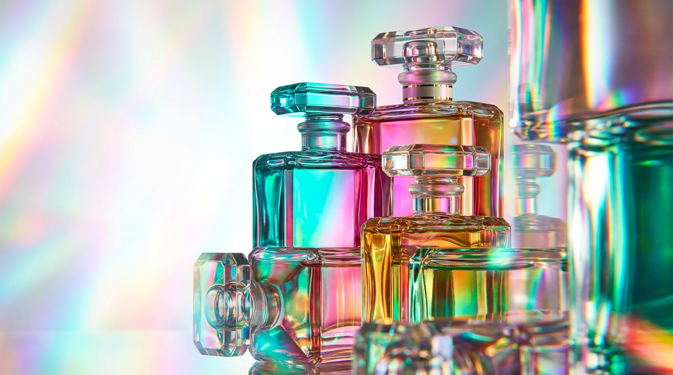 An aesthetic display of luxury perfume bottles on a marble surface