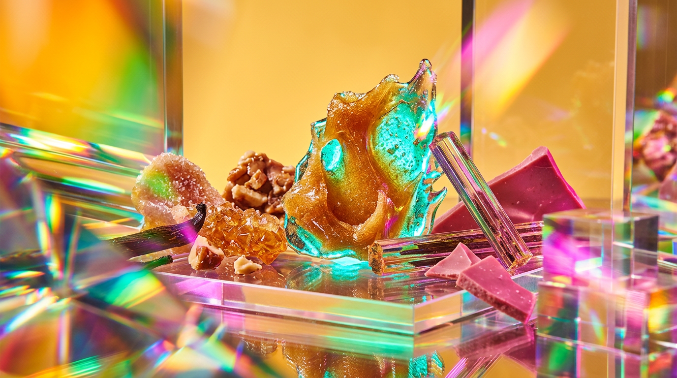 An array of gourmand fragrance ingredients like caramel and dark chocolate