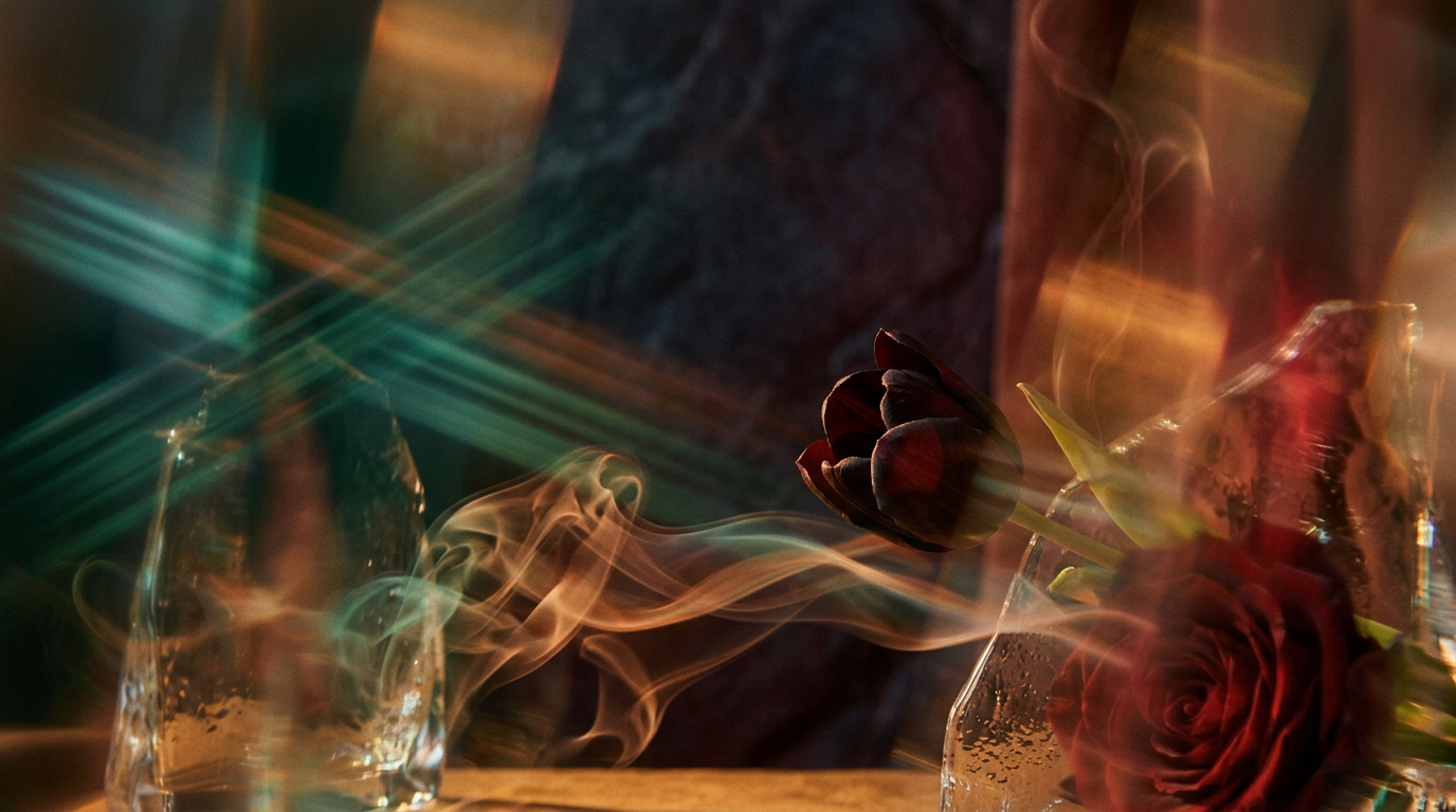 An artistic display of dark tulips and red roses in a luxury setting