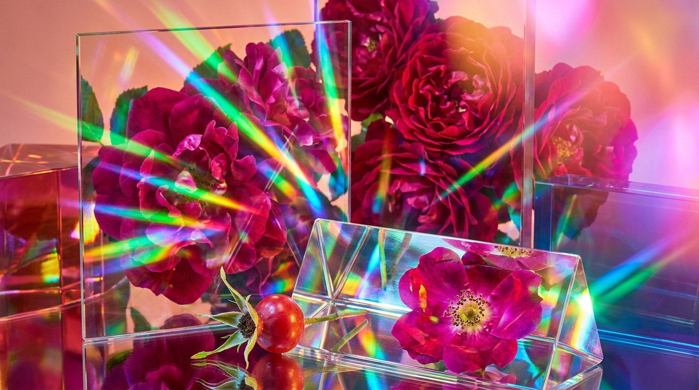 A collection of artisanal rose fragrances on a rustic wooden table