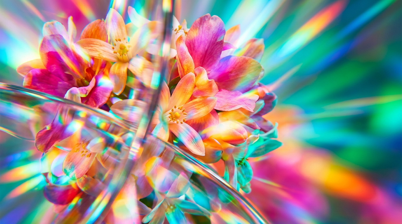 A bright and airy fragrance bottle set against a sun-drenched garden background