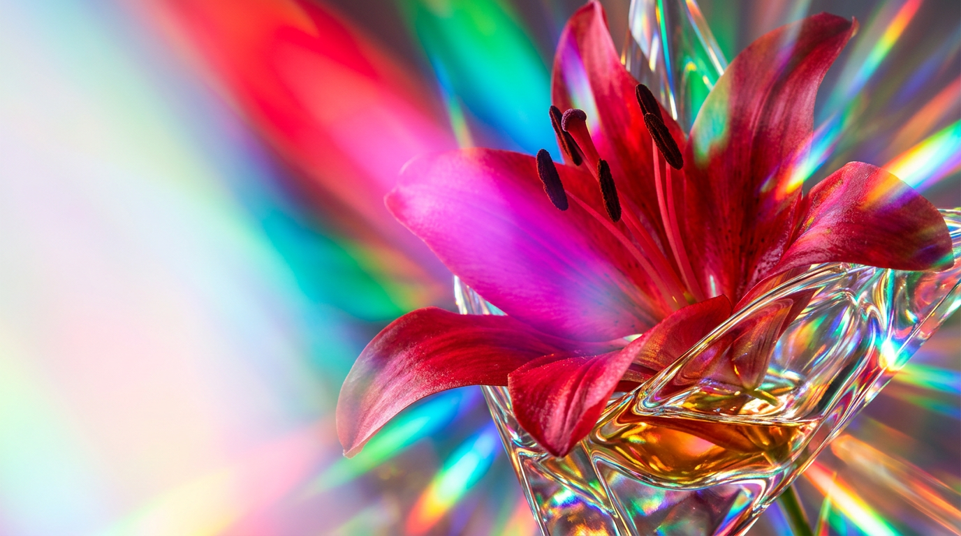 An elegant bottle of Scarlet Lily perfume on a dark marble surface with red floral petals