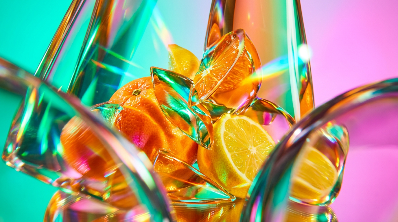 A collection of vibrant citrus fruits and elegant Shay & Blue perfume bottles