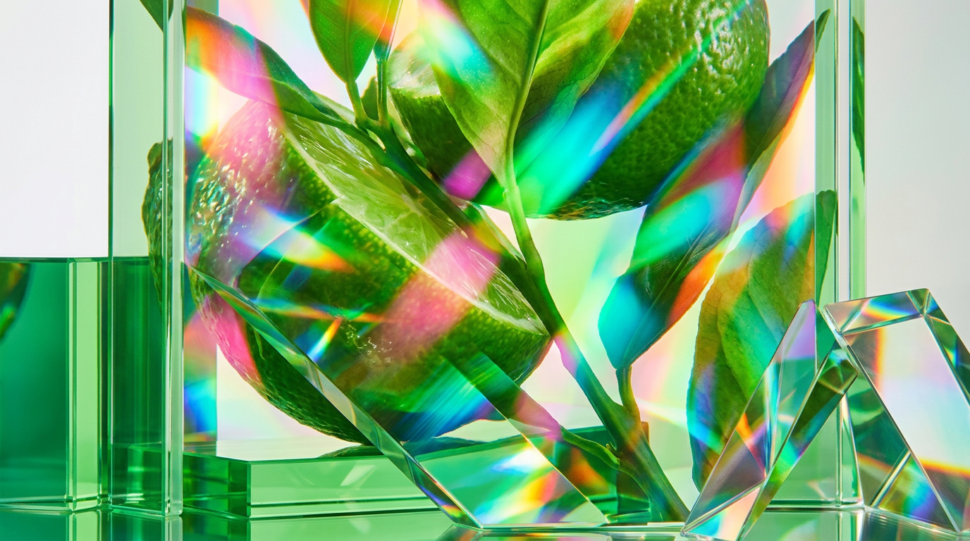 A fresh garden scene at dawn with dew on green leaves, representing juicy morning fragrance
