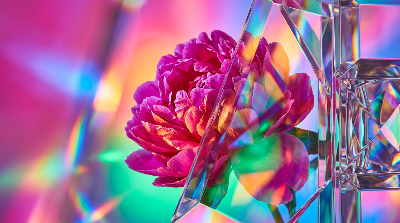 An artistic glass bottle of Shay & Blue fragrance surrounded by wild roses and aesthetic tools