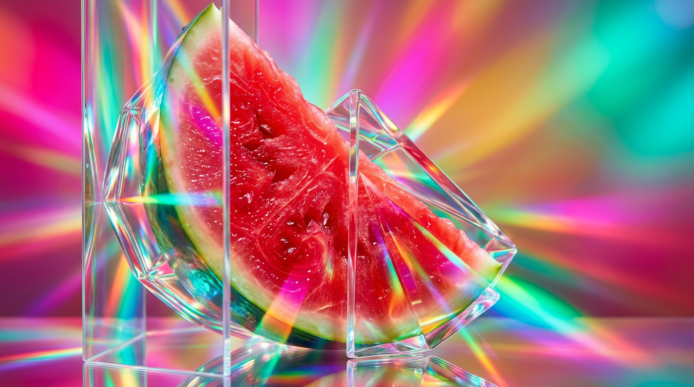 A refreshing setup of sliced watermelon and Shay & Blue fragrance bottles