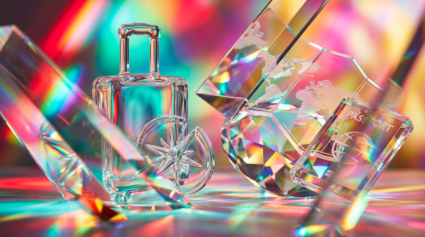 Travel accessories and a luxury perfume bottle on a wooden table