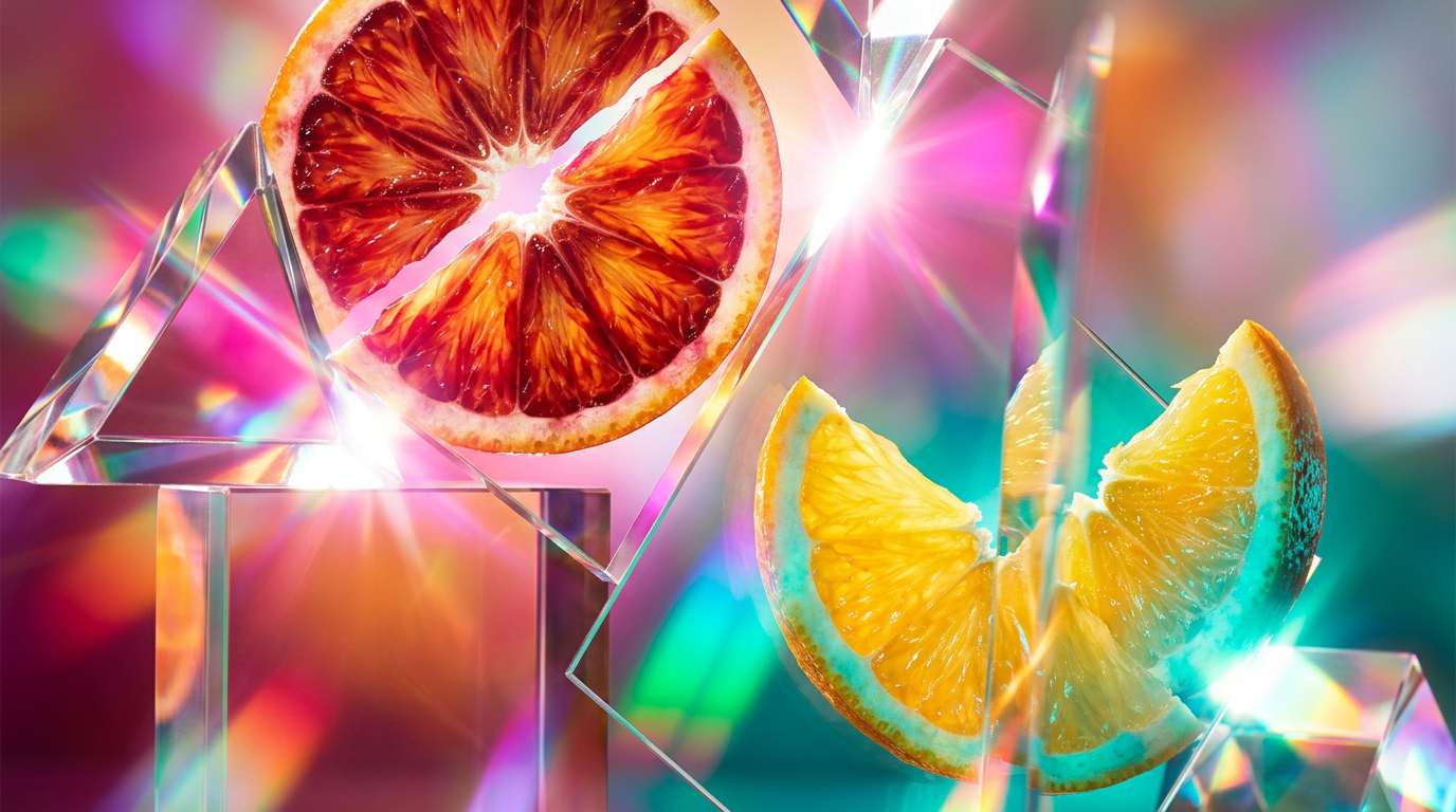 Vibrant citrus fruits and luxury perfume bottles on a sun-drenched terrace