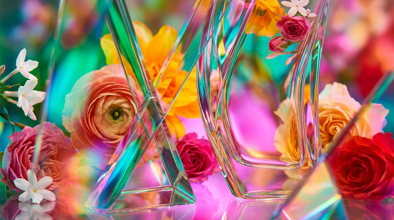 An artistic arrangement of modern floral ingredients and artisanal perfume bottles