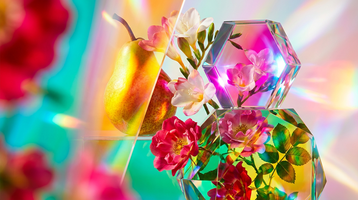 A beautiful arrangement of pears, freesias, and wild roses representing high-end floral fragrances