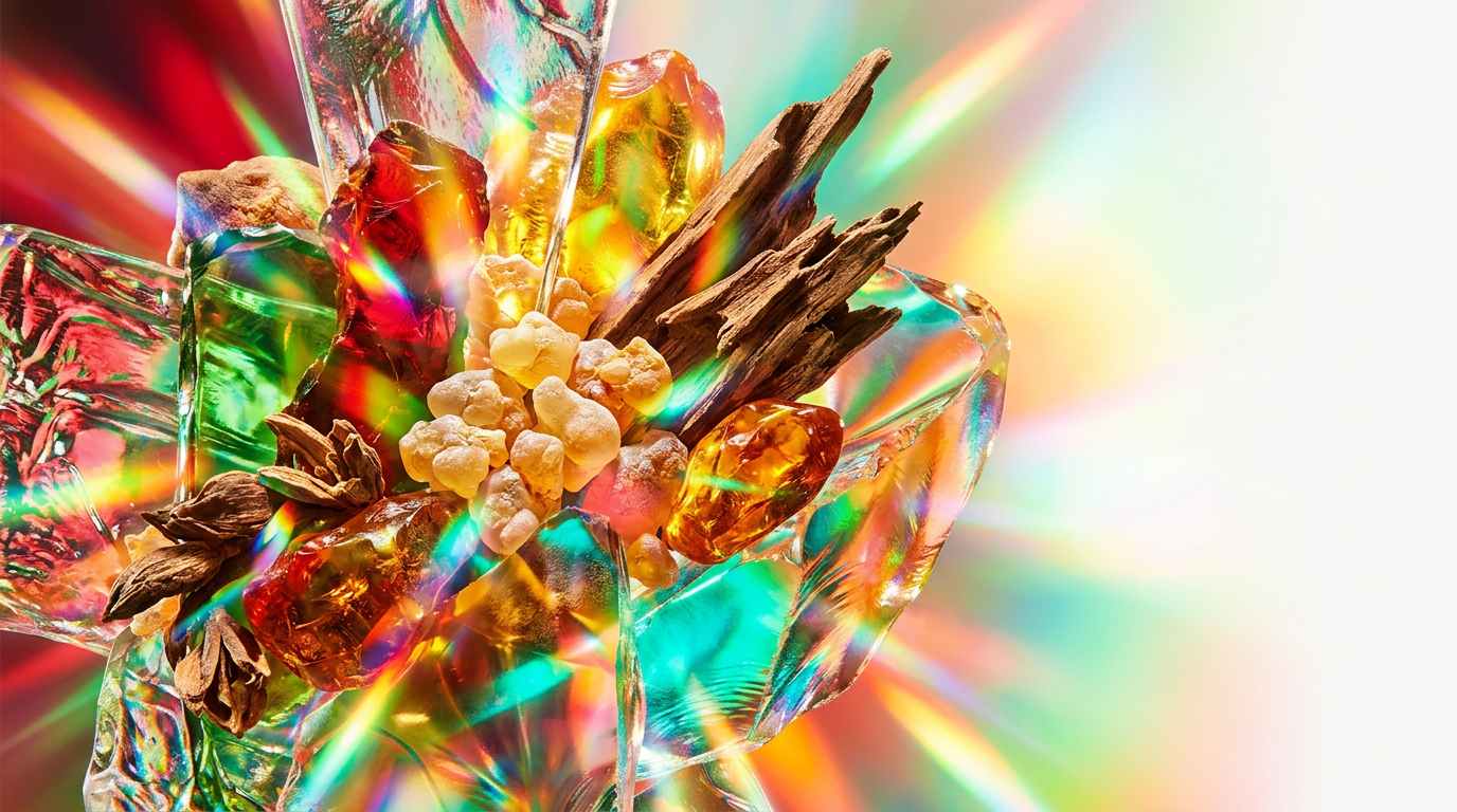 Luxury fragrance bottles on a marble surface with rich ingredients like pomegranate and woods