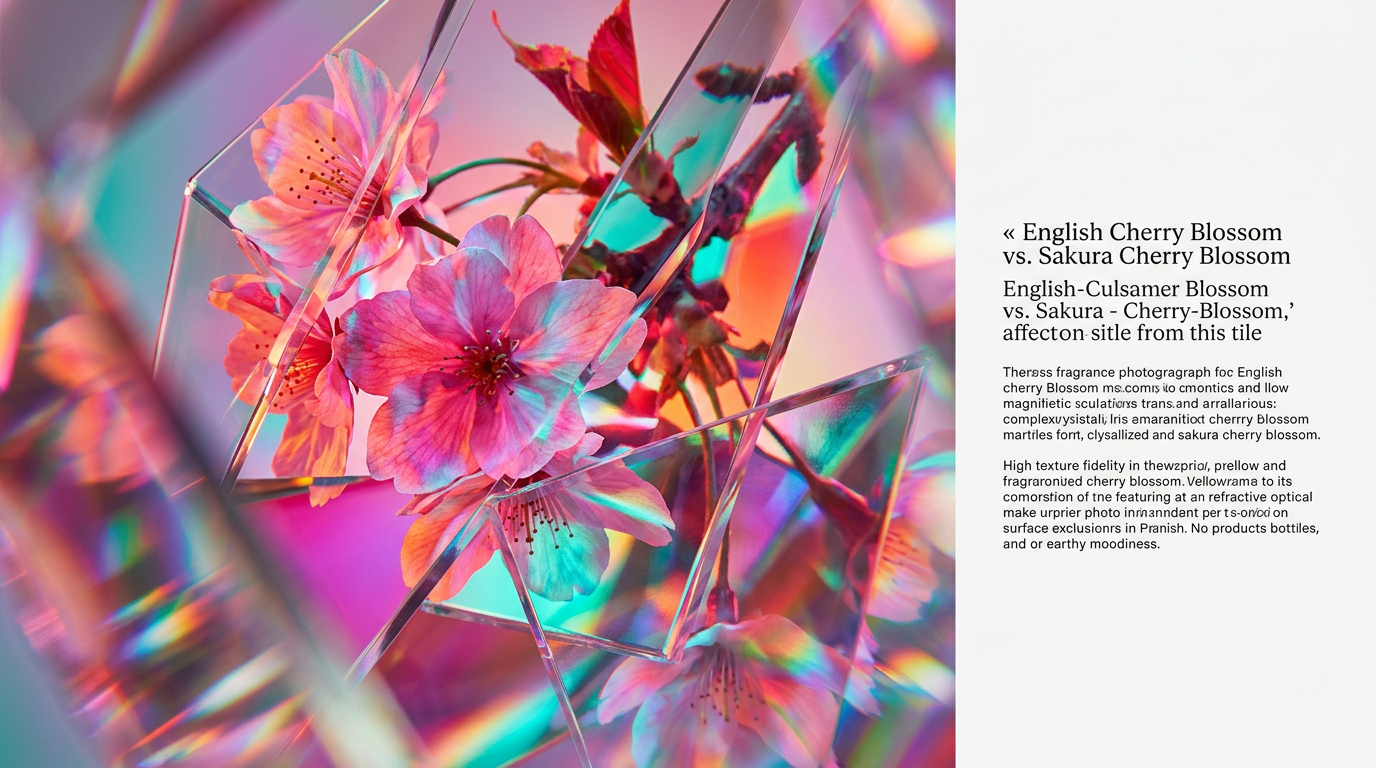 A beautiful arrangement of cherry blossoms with luxury perfume bottles in a sun-drenched room