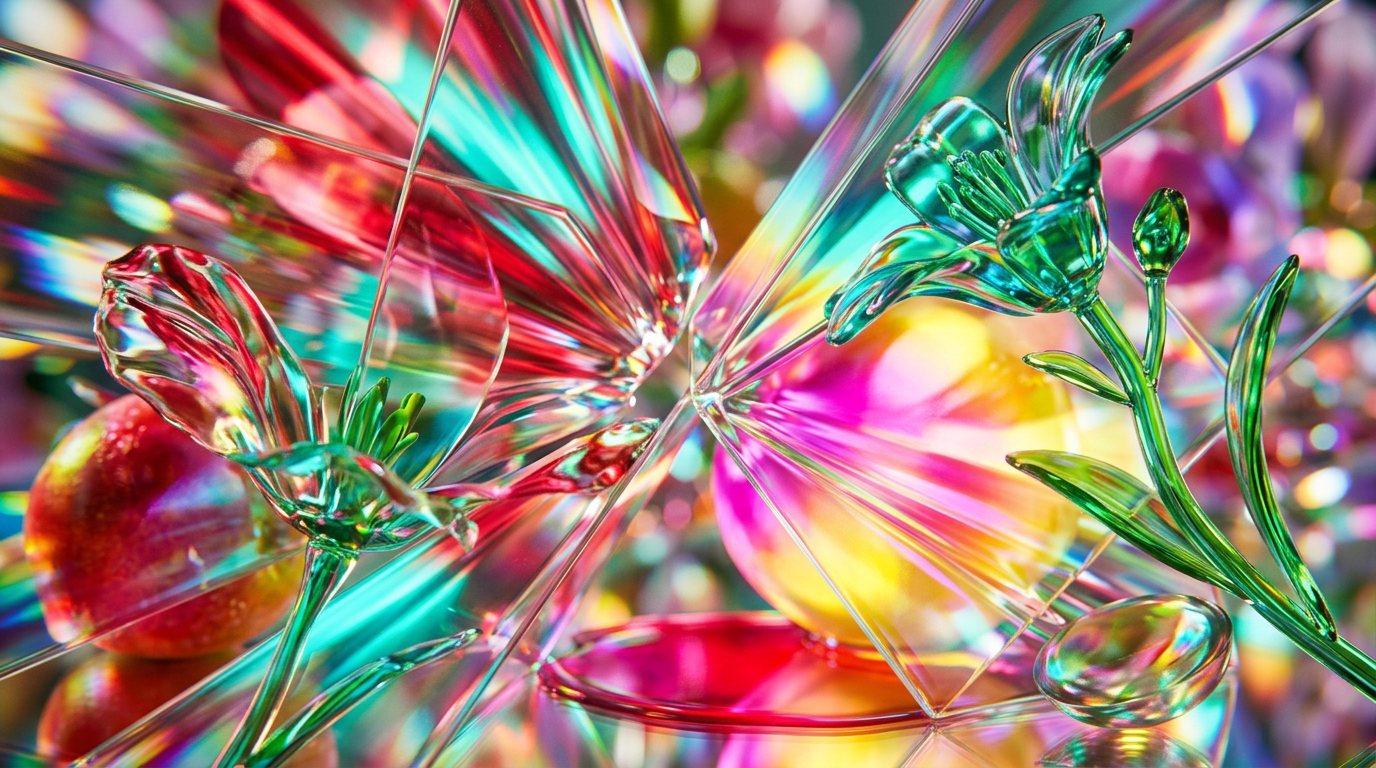 Spring sunlight filtering through trees onto a collection of perfume bottles