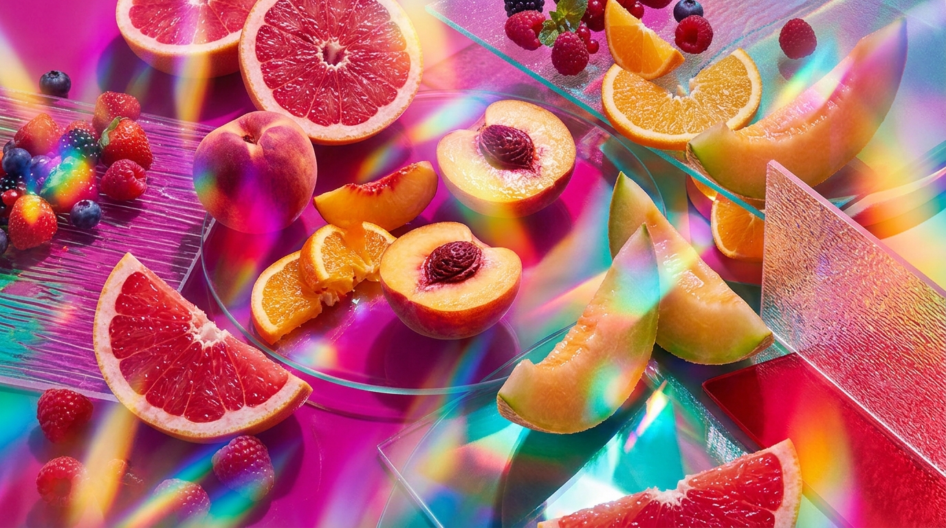 An array of fresh fruits and high-end perfume bottles reflecting a luxury aesthetic