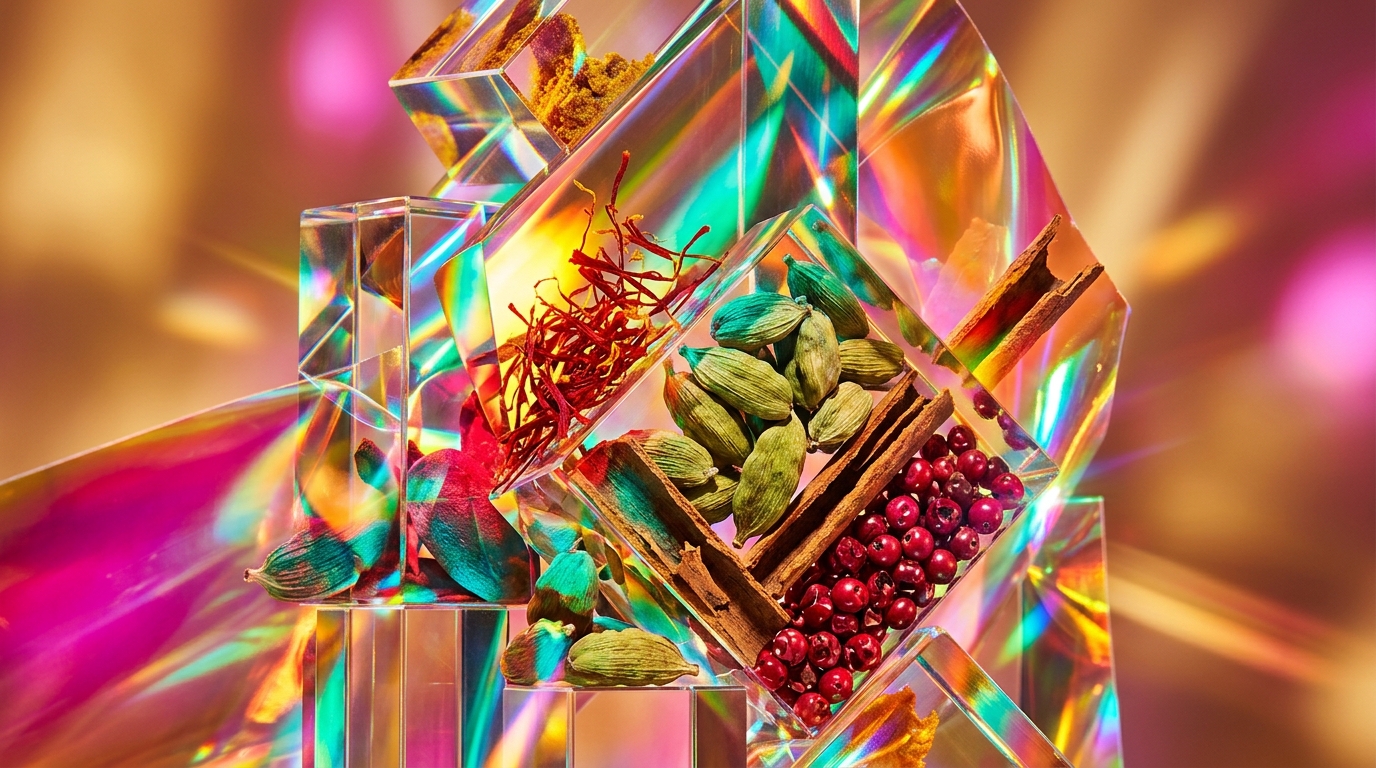 A collection of warm, spicy winter perfumes on a rustic wooden table with cinnamon and dried oranges