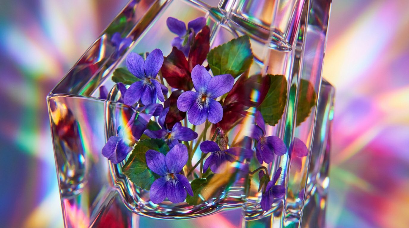 An artistic glass bottle of perfume surrounded by fresh violets and green leaves