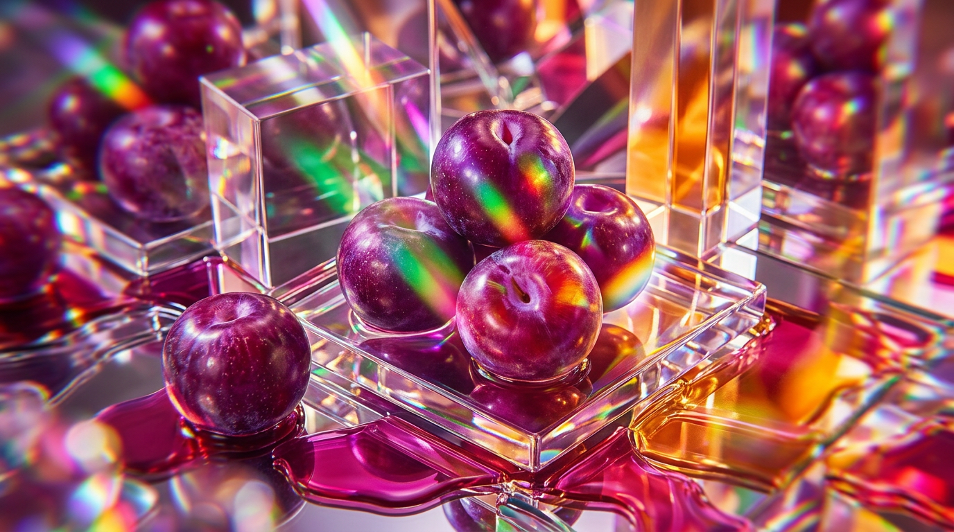 A moody arrangement of dark plums, amber resins, and elegant perfume bottles