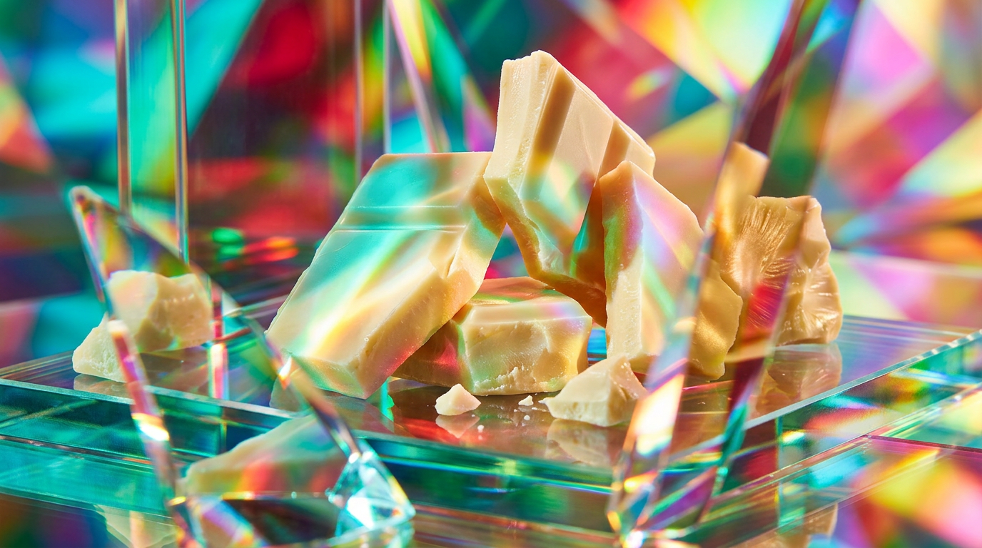 Luxury perfume bottle with ingredients suggesting a white chocolate and plum scent profile